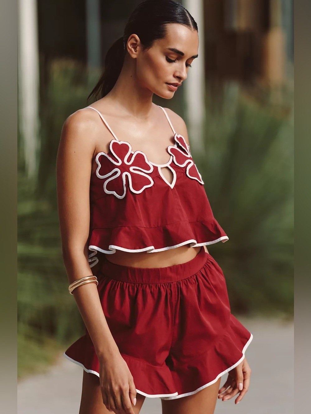 Brand New 2-PC Celandine Floral Appliqué Crop Top & Shorts Set